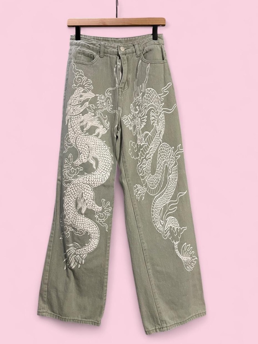 SHEIN Green Wide-Leg Jeans with White Dragon Design